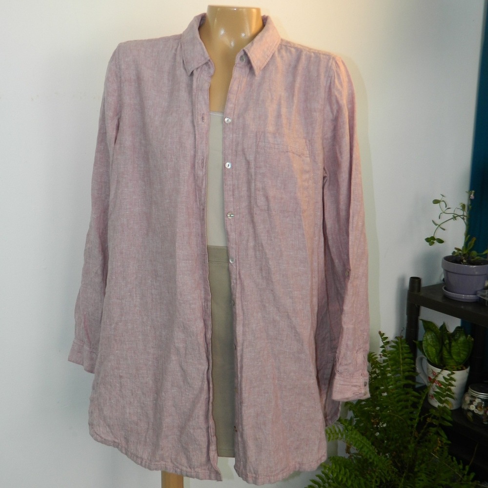 Sigrid Olsen Linen Button Down Shirt Womens L Mauve 100% Roll Tab Sleeve Tunic